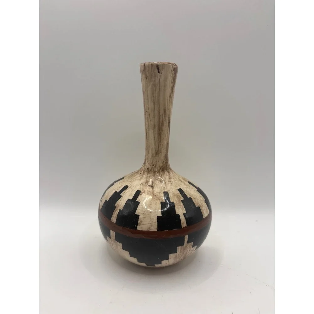 Southwestern Hand Painted Ceramic Bud Vase Flat Back Geometric Pottery Artist R